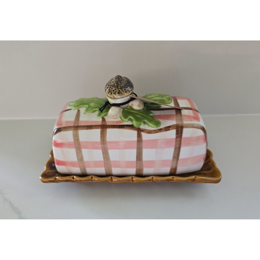 Creative Co-op Stoneware Butter Dish Acorn Handle Plaid Pattern New With Tag‎